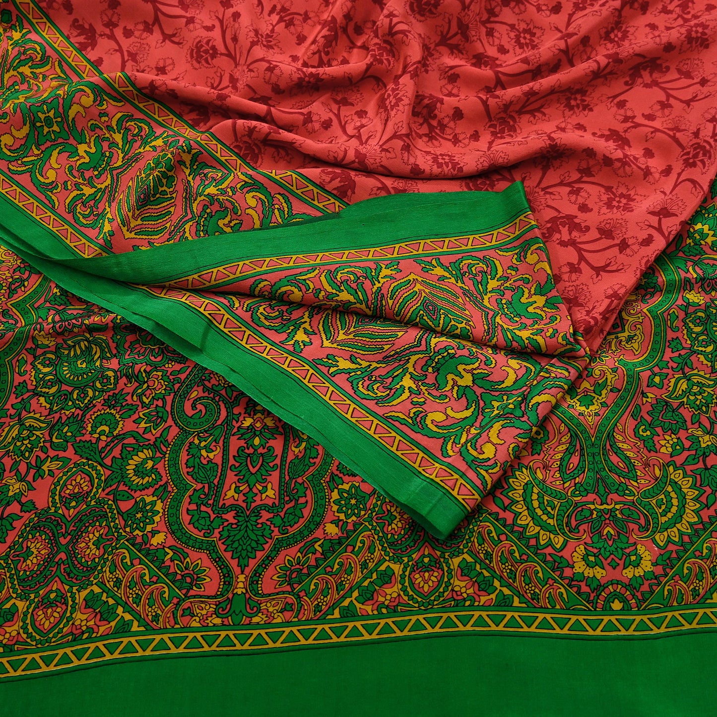 Indian Vintage Sari Green & Orange Pure Crepe Silk Block Printed Sarees 5yd Sewing Soft Craft Fabric Wrap Dress making Crafting Quilting