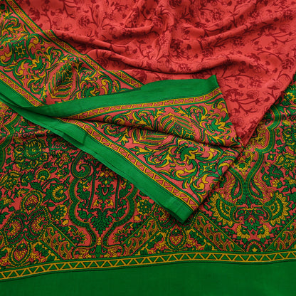 Indian Vintage Sari Green & Orange Pure Crepe Silk Block Printed Sarees 5yd Sewing Soft Craft Fabric Wrap Dress making Crafting Quilting