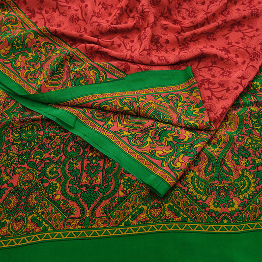 Indian Vintage Sari Green & Orange Pure Crepe Silk Block Printed Sarees 5yd Sewing Soft Craft Fabric Wrap Dress making Crafting Quilting