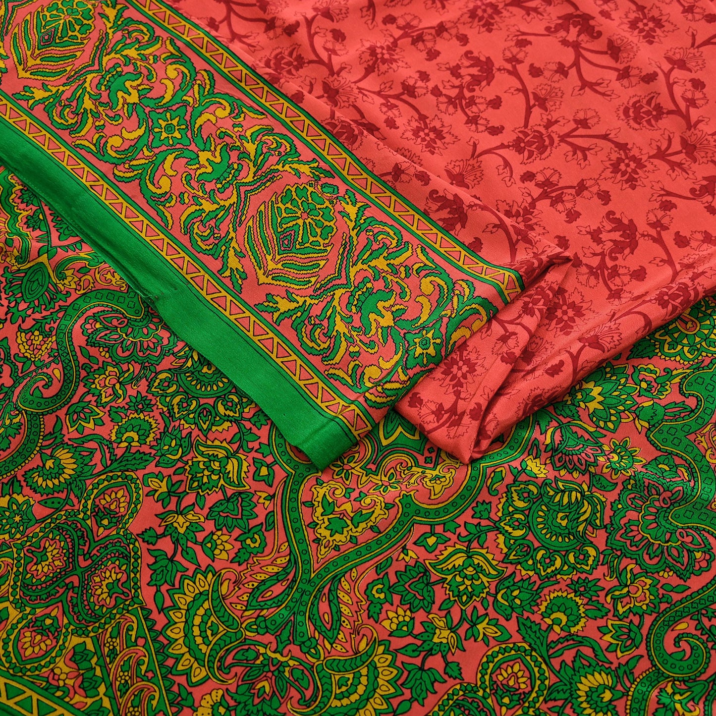 Indian Vintage Sari Green & Orange Pure Crepe Silk Block Printed Sarees 5yd Sewing Soft Craft Fabric Wrap Dress making Crafting Quilting