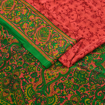 Indian Vintage Sari Green & Orange Pure Crepe Silk Block Printed Sarees 5yd Sewing Soft Craft Fabric Wrap Dress making Crafting Quilting