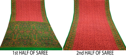 Indian Vintage Sari Green & Orange Pure Crepe Silk Block Printed Sarees 5yd Sewing Soft Craft Fabric Wrap Dress making Crafting Quilting