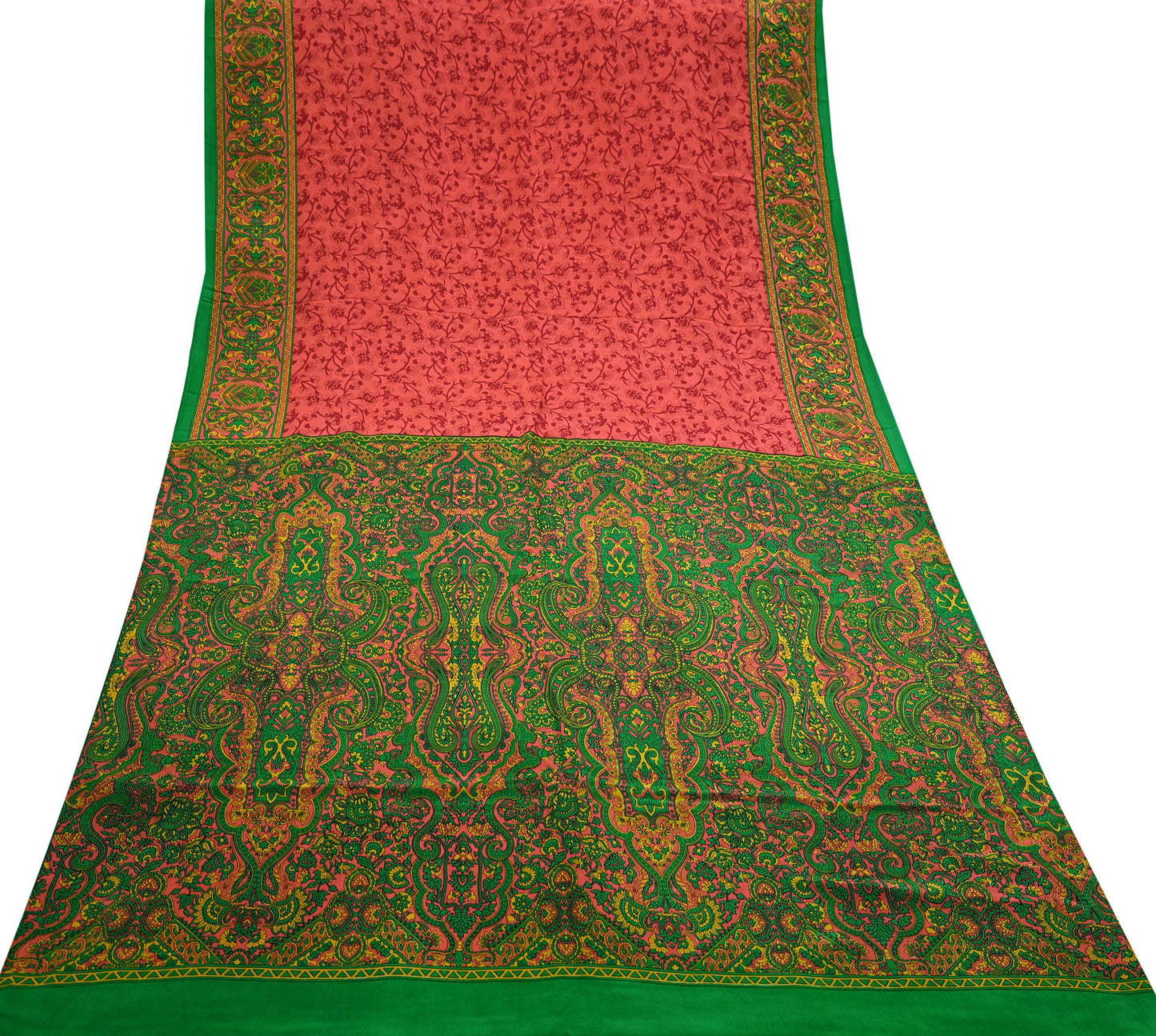 Indian Vintage Sari Green & Orange Pure Crepe Silk Block Printed Sarees 5yd Sewing Soft Craft Fabric Wrap Dress making Crafting Quilting