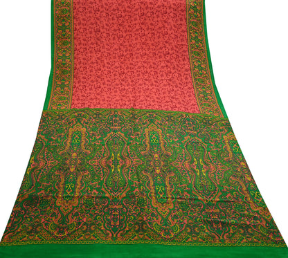 Indian Vintage Sari Green & Orange Pure Crepe Silk Block Printed Sarees 5yd Sewing Soft Craft Fabric Wrap Dress making Crafting Quilting