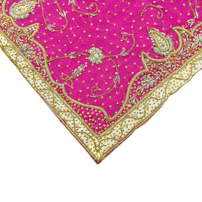Indian Vintage Heavy Bridal Rani Pink Dupatta Pure Chiffon Silk Long Stole Hand Embroidered Scarf Zardozi Zari Sequins Wedding Veil Hijab