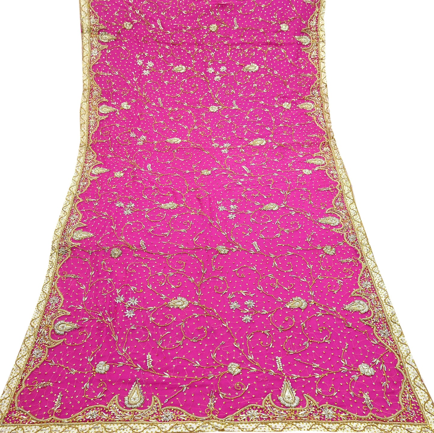 Indian Vintage Heavy Bridal Rani Pink Dupatta Pure Chiffon Silk Long Stole Hand Embroidered Scarf Zardozi Zari Sequins Wedding Veil Hijab
