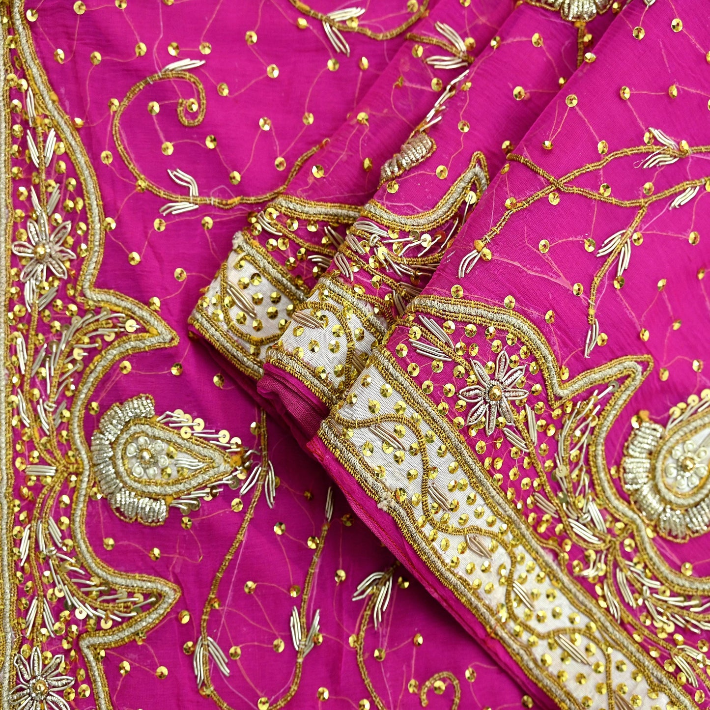 Indian Vintage Heavy Bridal Rani Pink Dupatta Pure Chiffon Silk Long Stole Hand Embroidered Scarf Zardozi Zari Sequins Wedding Veil Hijab