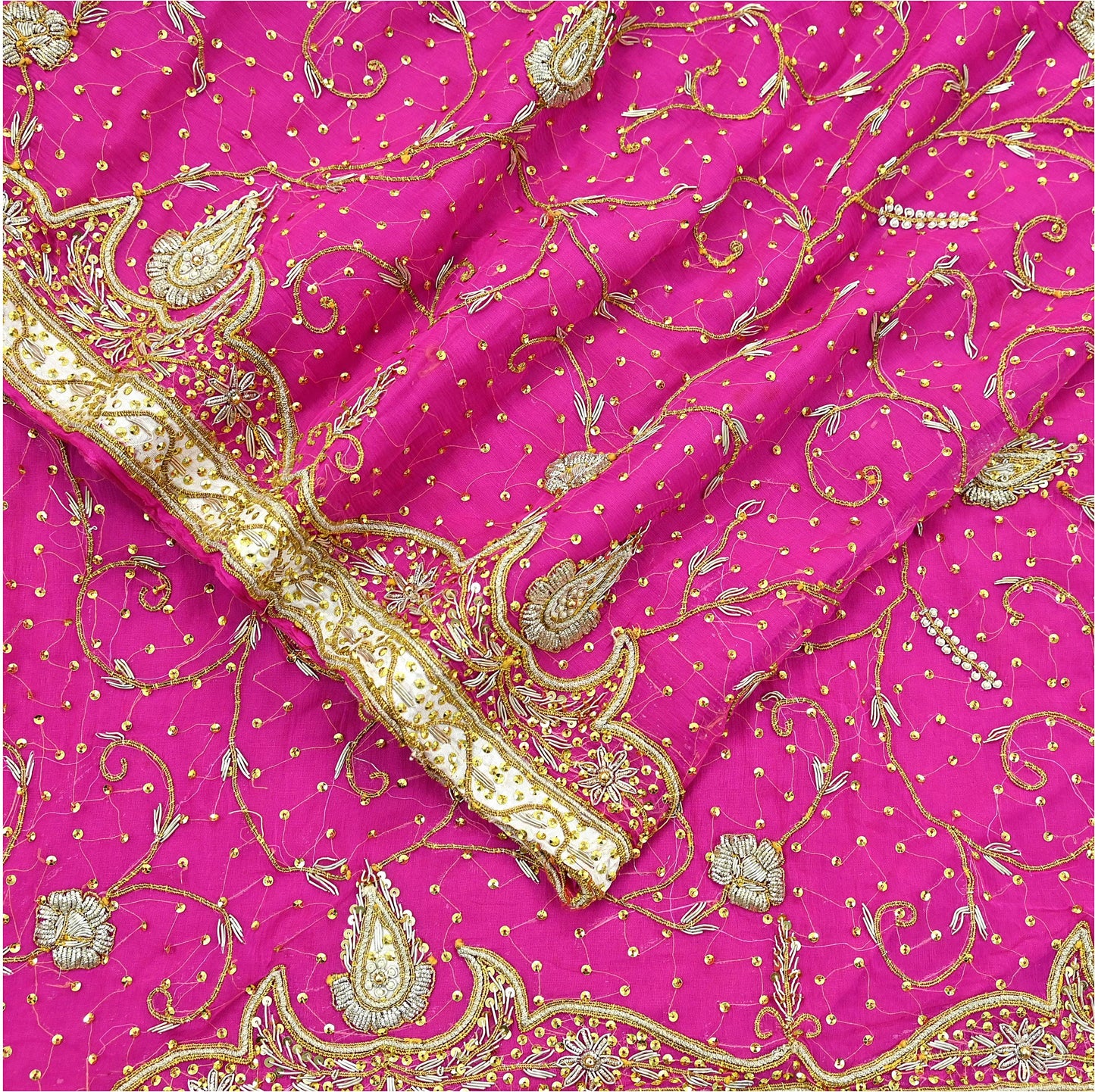 Indian Vintage Heavy Bridal Rani Pink Dupatta Pure Chiffon Silk Long Stole Hand Embroidered Scarf Zardozi Zari Sequins Wedding Veil Hijab