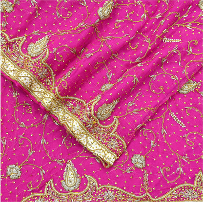 Indian Vintage Heavy Bridal Rani Pink Dupatta Pure Chiffon Silk Long Stole Hand Embroidered Scarf Zardozi Zari Sequins Wedding Veil Hijab
