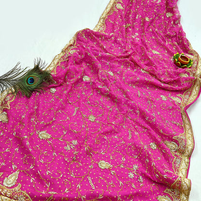 Indian Vintage Heavy Bridal Rani Pink Dupatta Pure Chiffon Silk Long Stole Hand Embroidered Scarf Zardozi Zari Sequins Wedding Veil Hijab