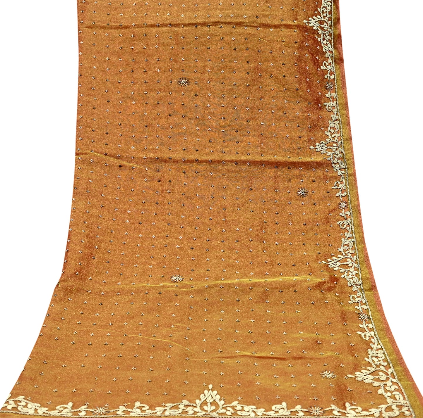 Indian Vintage Heavy Bridal Dupatta Golden Pure Tissue Silk Long Stole Hand Embroidered Scarves Zari Zardozi/Dabka Wedding Hijab