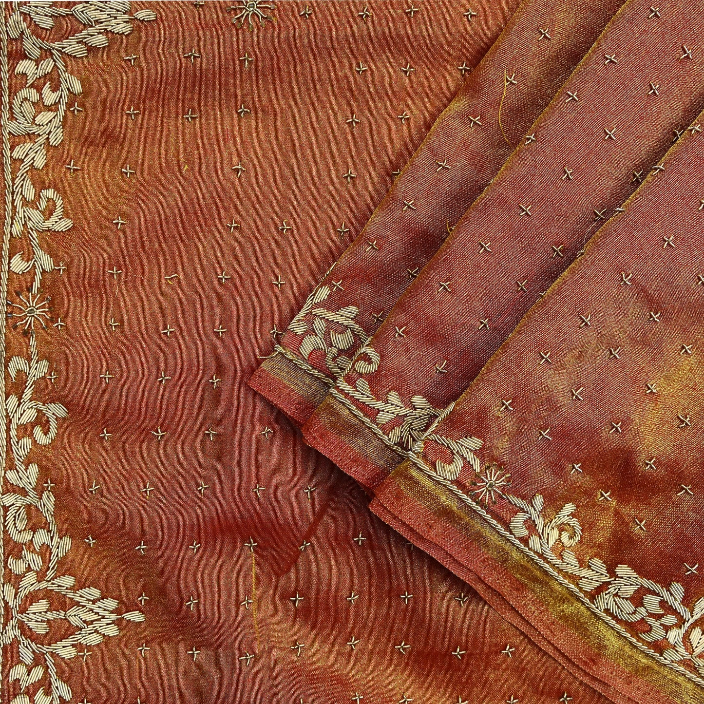 Indian Vintage Heavy Bridal Dupatta Golden Pure Tissue Silk Long Stole Hand Embroidered Scarves Zari Zardozi/Dabka Wedding Hijab