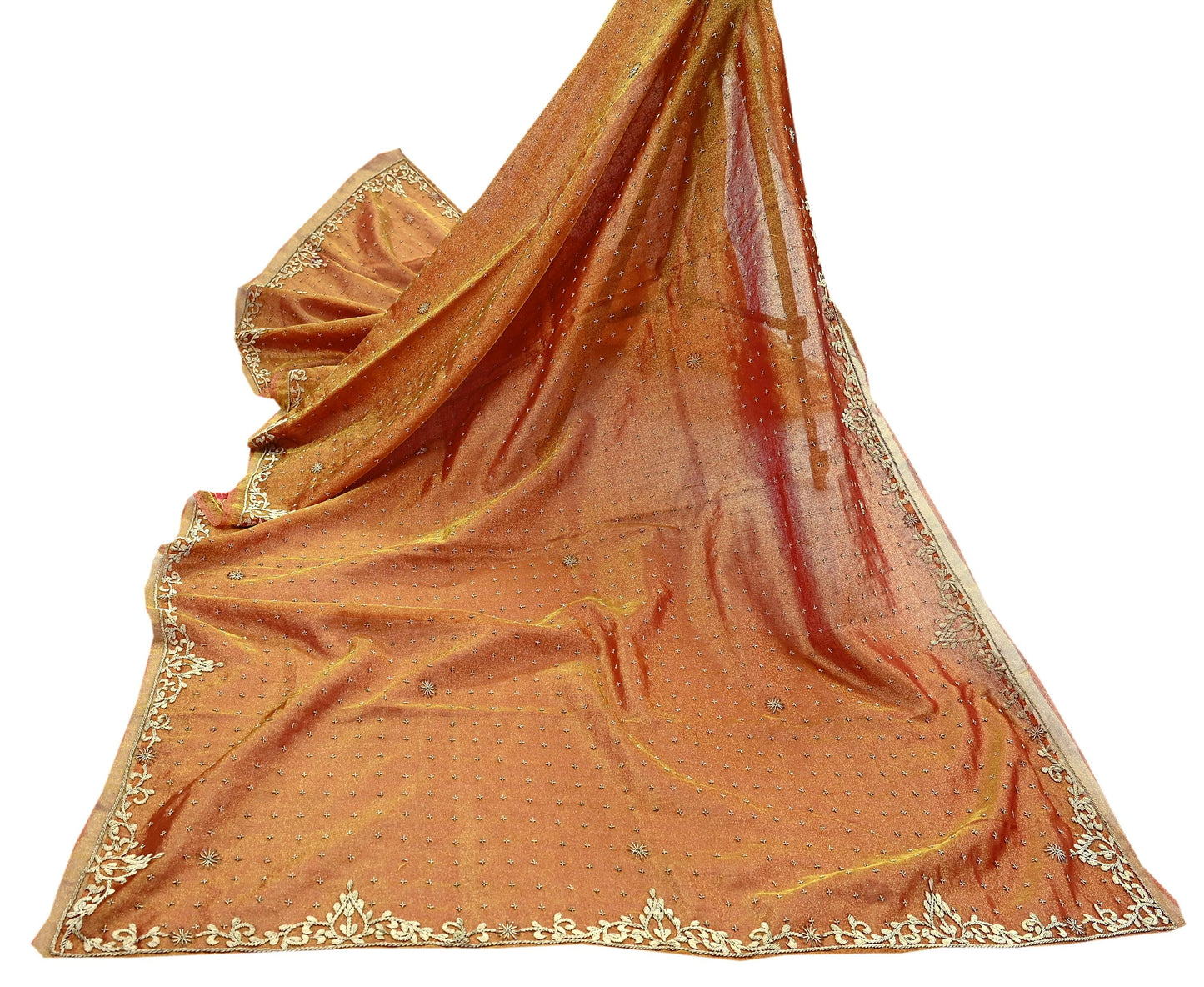 Indian Vintage Heavy Bridal Dupatta Golden Pure Tissue Silk Long Stole Hand Embroidered Scarves Zari Zardozi/Dabka Wedding Hijab