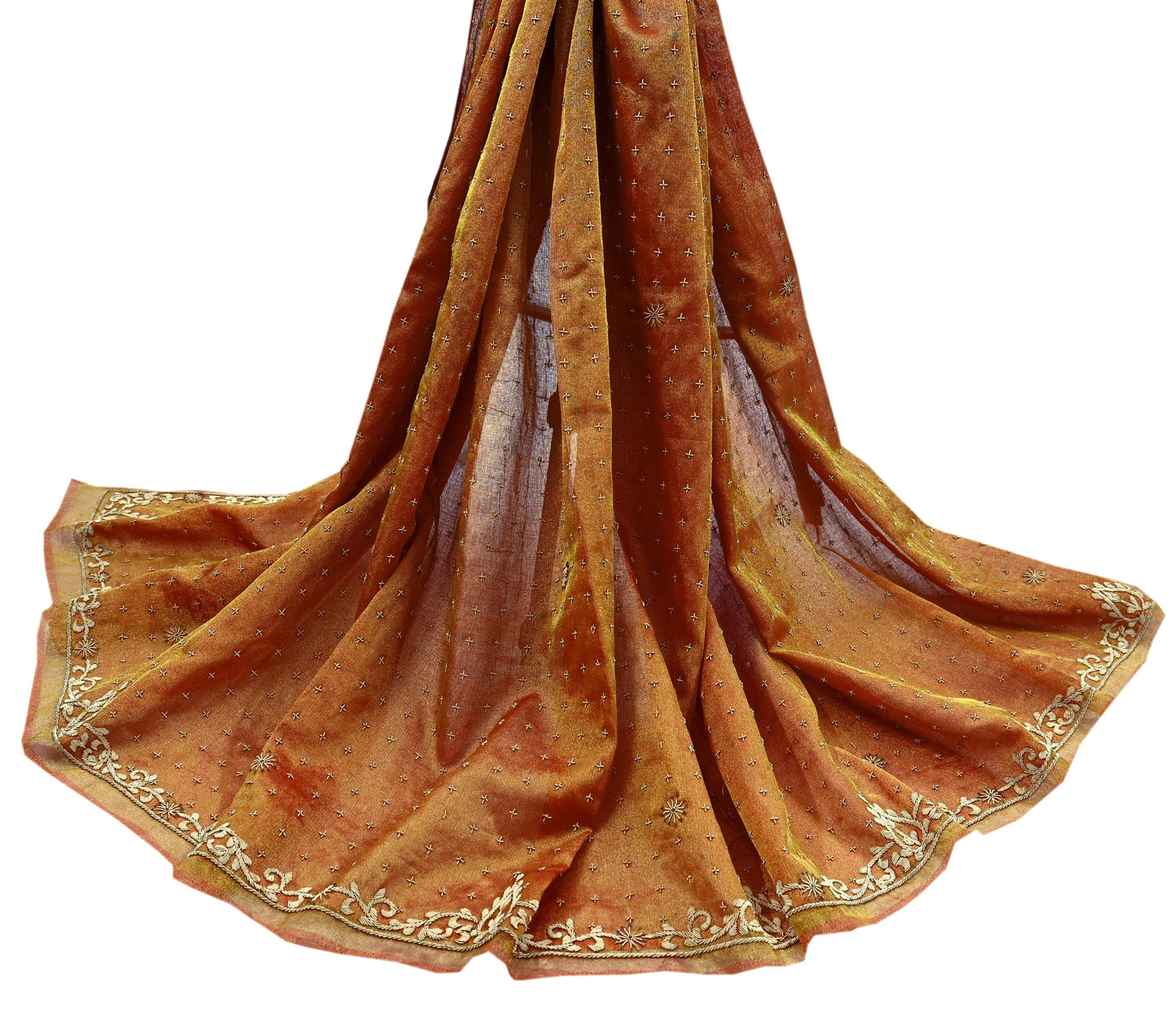 Indian Vintage Heavy Bridal Dupatta Golden Pure Tissue Silk Long Stole Hand Embroidered Scarves Zari Zardozi/Dabka Wedding Hijab