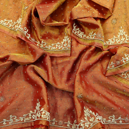 Indian Vintage Heavy Bridal Dupatta Golden Pure Tissue Silk Long Stole Hand Embroidered Scarves Zari Zardozi/Dabka Wedding Hijab