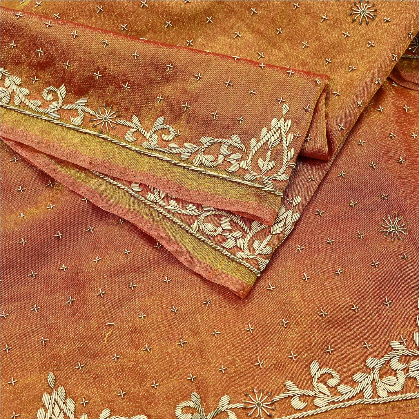 Indian Vintage Heavy Bridal Dupatta Golden Pure Tissue Silk Long Stole Hand Embroidered Scarves Zari Zardozi/Dabka Wedding Hijab