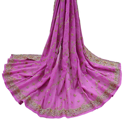 Indian Vintage Heavy Bridal Pink Dupatta Pure Georgette Silk Long Stole Hand Embroidered Scarf Zardozi/Dabka Wedding red Hijab veil Boho