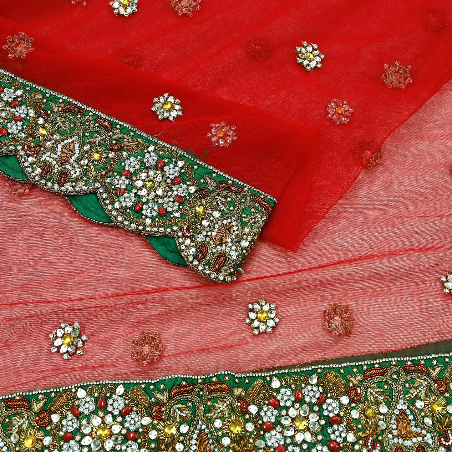 Indian Vintage Heavy Bridal Red Dupatta Net Mesh Long Stole Hand Embroidered Scarves Golden Zardozi Dabka Zari Sequins Wedding Veil Hijab