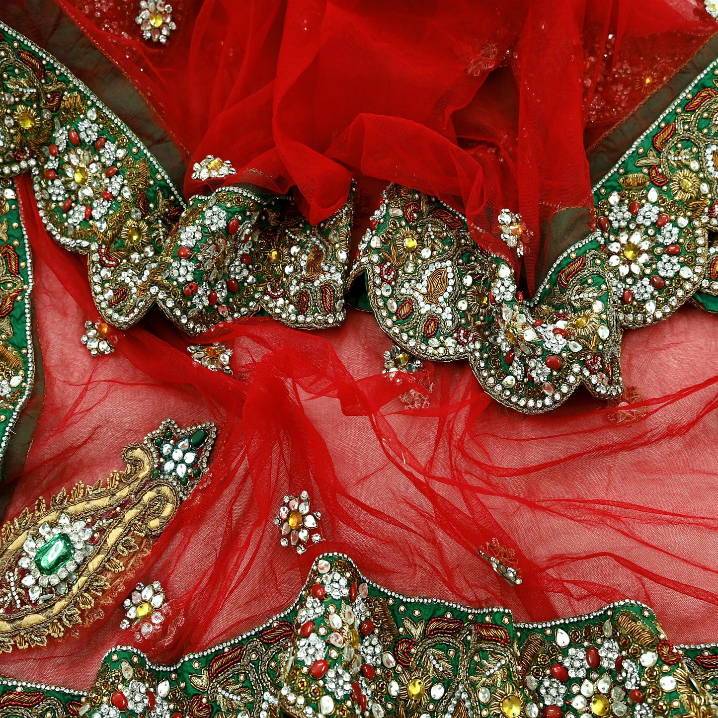 Indian Vintage Heavy Bridal Red Dupatta Net Mesh Long Stole Hand Embroidered Scarves Golden Zardozi Dabka Zari Sequins Wedding Veil Hijab
