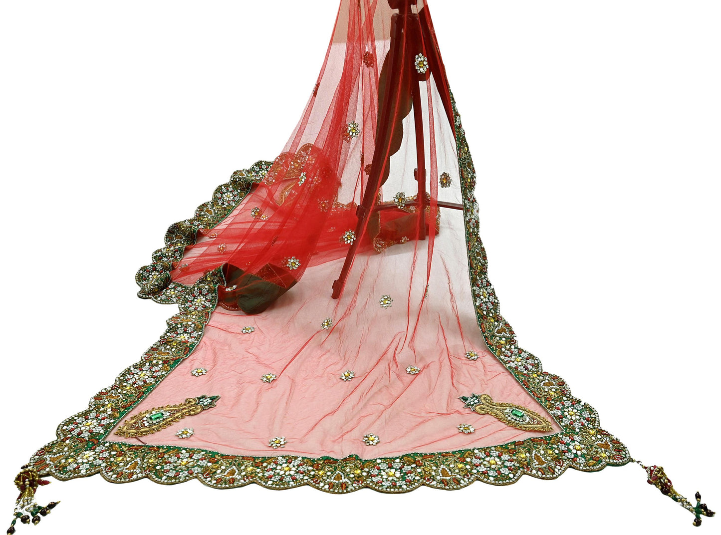 Indian Vintage Heavy Bridal Red Dupatta Net Mesh Long Stole Hand Embroidered Scarves Golden Zardozi Dabka Zari Sequins Wedding Veil Hijab