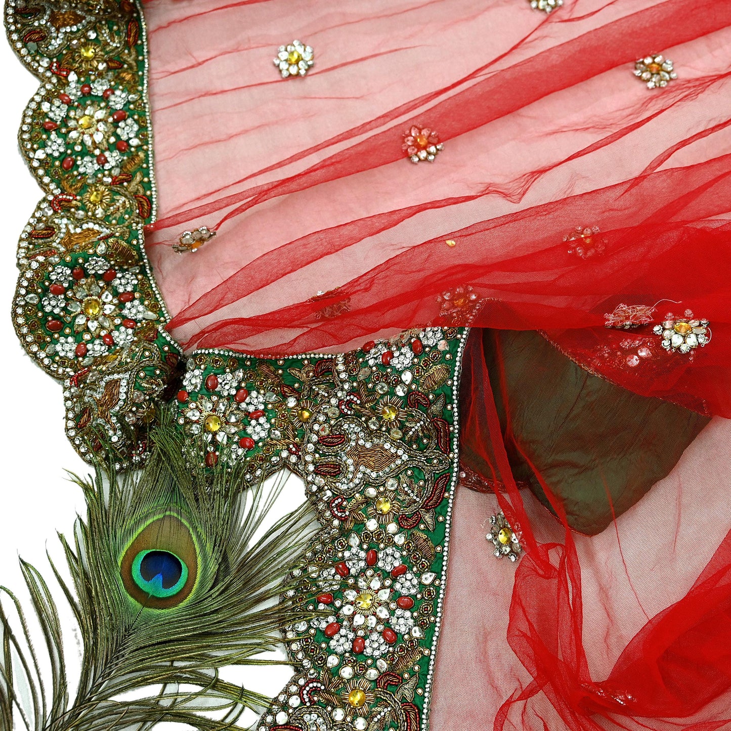 Indian Vintage Heavy Bridal Red Dupatta Net Mesh Long Stole Hand Embroidered Scarves Golden Zardozi Dabka Zari Sequins Wedding Veil Hijab