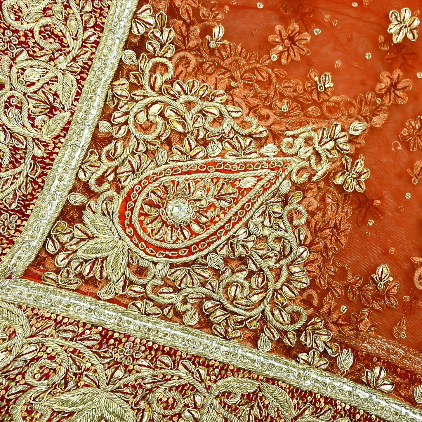 Indian Vintage Heavy Bridal Orange Dupatta Net Mesh Long Stole Hand Embroidered Scarves Golden Zardozi Dabka Zari Sequins Wedding Veil Hijab