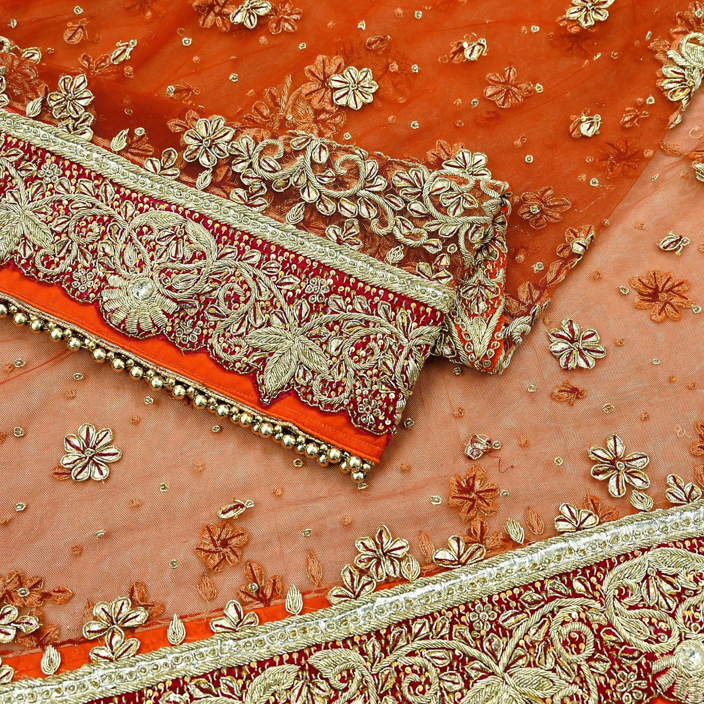 Indian Vintage Heavy Bridal Orange Dupatta Net Mesh Long Stole Hand Embroidered Scarves Golden Zardozi Dabka Zari Sequins Wedding Veil Hijab