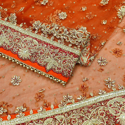 Indian Vintage Heavy Bridal Orange Dupatta Net Mesh Long Stole Hand Embroidered Scarves Golden Zardozi Dabka Zari Sequins Wedding Veil Hijab