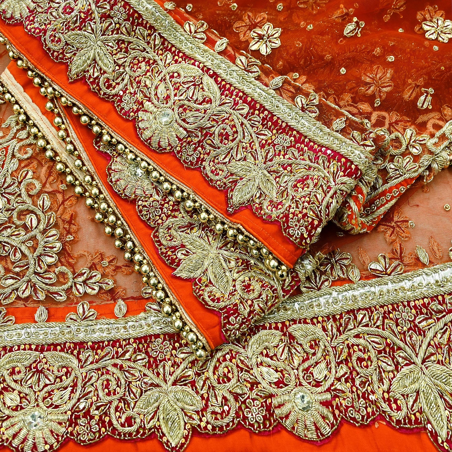 Indian Vintage Heavy Bridal Orange Dupatta Net Mesh Long Stole Hand Embroidered Scarves Golden Zardozi Dabka Zari Sequins Wedding Veil Hijab