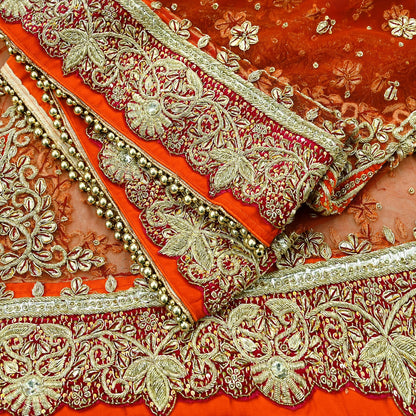 Indian Vintage Heavy Bridal Orange Dupatta Net Mesh Long Stole Hand Embroidered Scarves Golden Zardozi Dabka Zari Sequins Wedding Veil Hijab