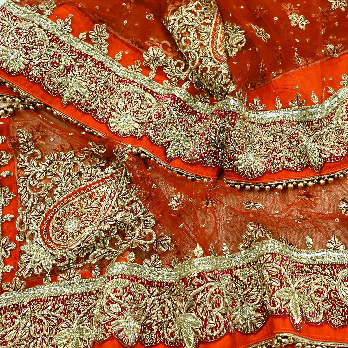 Indian Vintage Heavy Bridal Orange Dupatta Net Mesh Long Stole Hand Embroidered Scarves Golden Zardozi Dabka Zari Sequins Wedding Veil Hijab