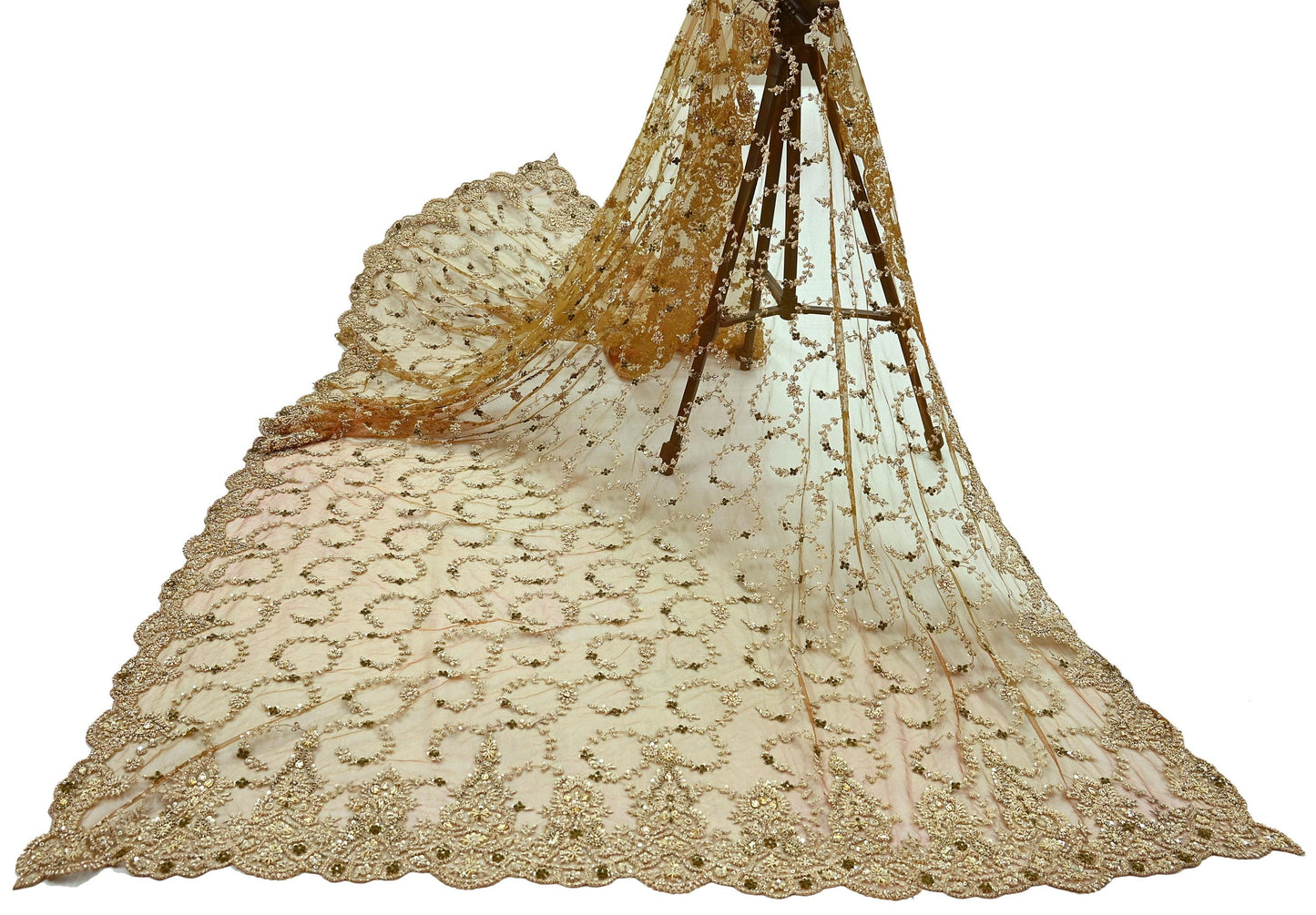 Indian Vintage Heavy Wedding Green Dupatta Net Mesh Long Stole Hand Embroidered Scarves Golden Zardozi Zari Sequins Dridal Veil Hijab
