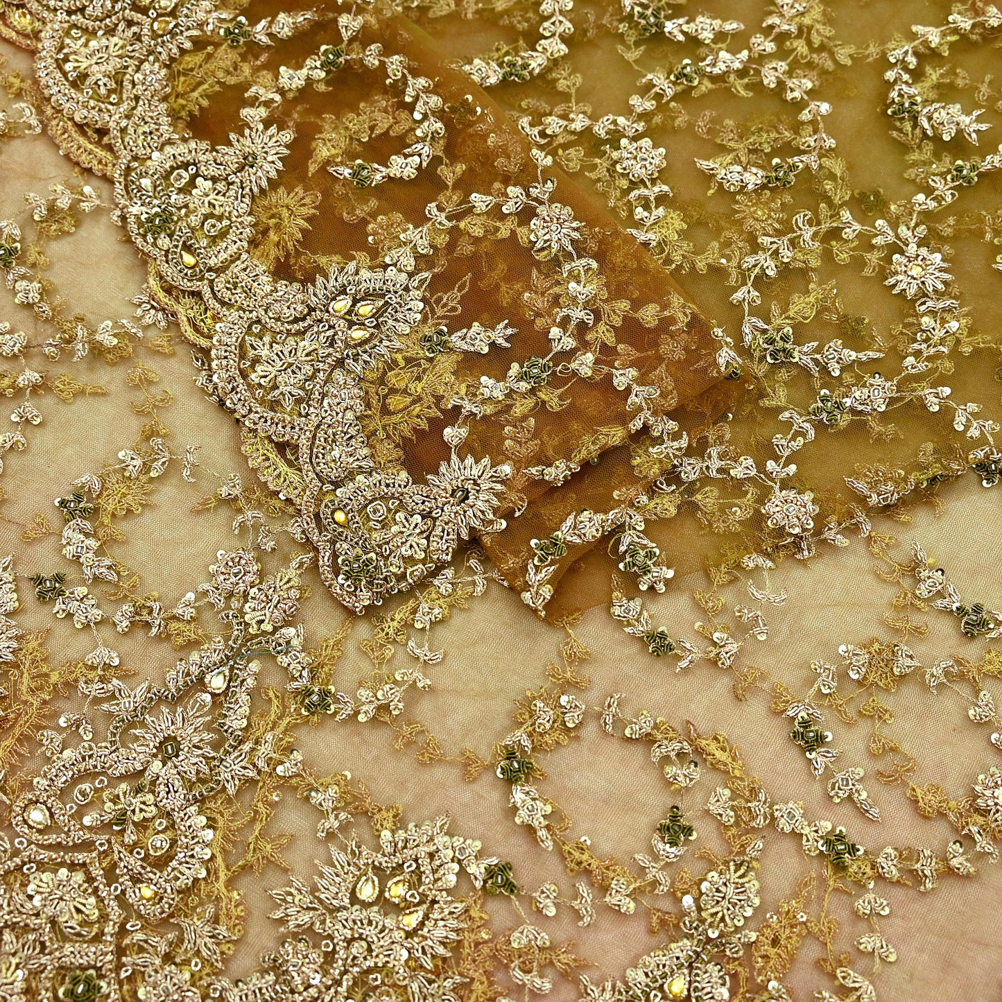 Indian Vintage Heavy Wedding Green Dupatta Net Mesh Long Stole Hand Embroidered Scarves Golden Zardozi Zari Sequins Dridal Veil Hijab