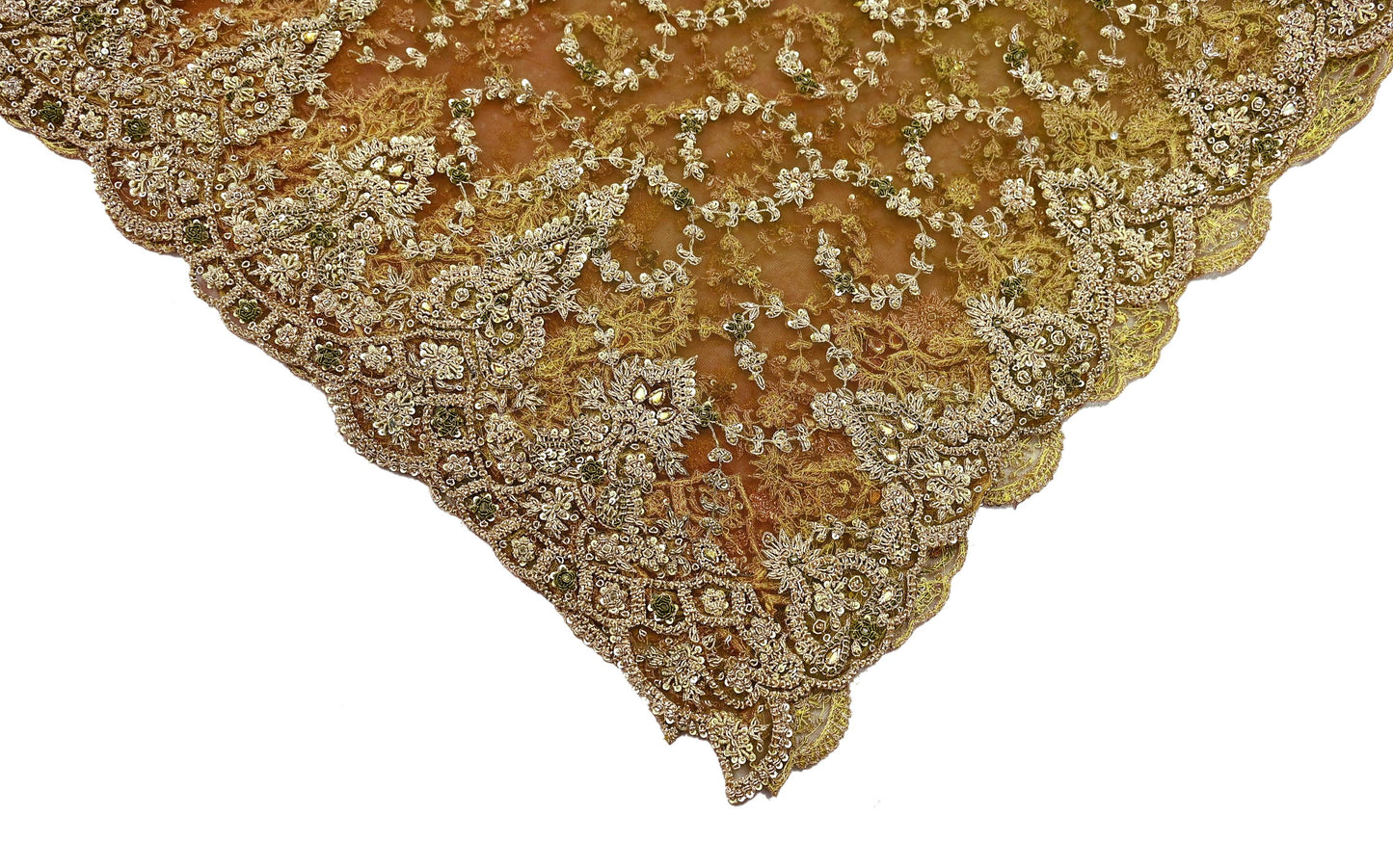 Indian Vintage Heavy Wedding Green Dupatta Net Mesh Long Stole Hand Embroidered Scarves Golden Zardozi Zari Sequins Dridal Veil Hijab