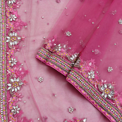 Indian Vintage Heavy Bridal Pink Dupatta Net Mesh Long Stole Hand Embroidered Scarves Golden Zardozi Dabka Zari Sequins Wedding Veil Hijab