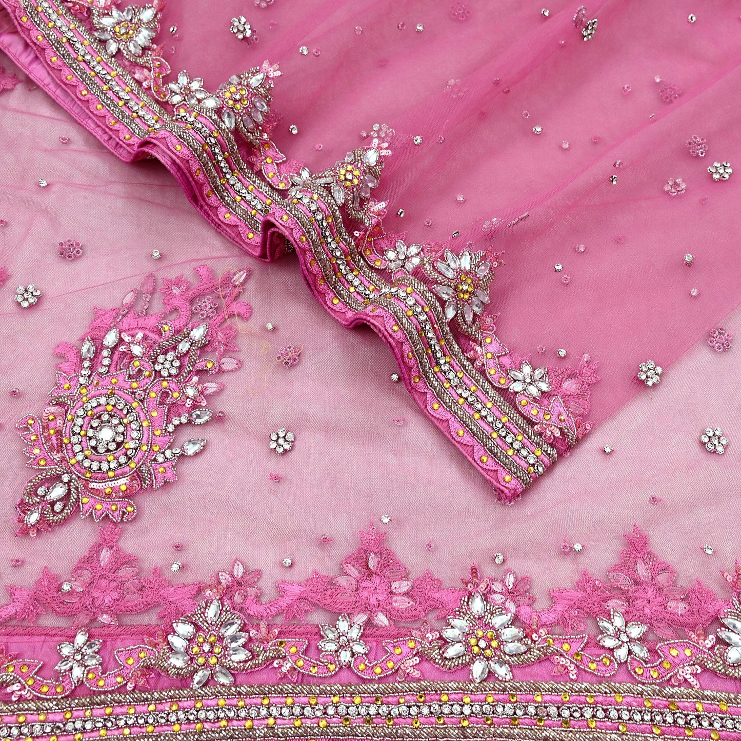 Indian Vintage Heavy Bridal Pink Dupatta Net Mesh Long Stole Hand Embroidered Scarves Golden Zardozi Dabka Zari Sequins Wedding Veil Hijab