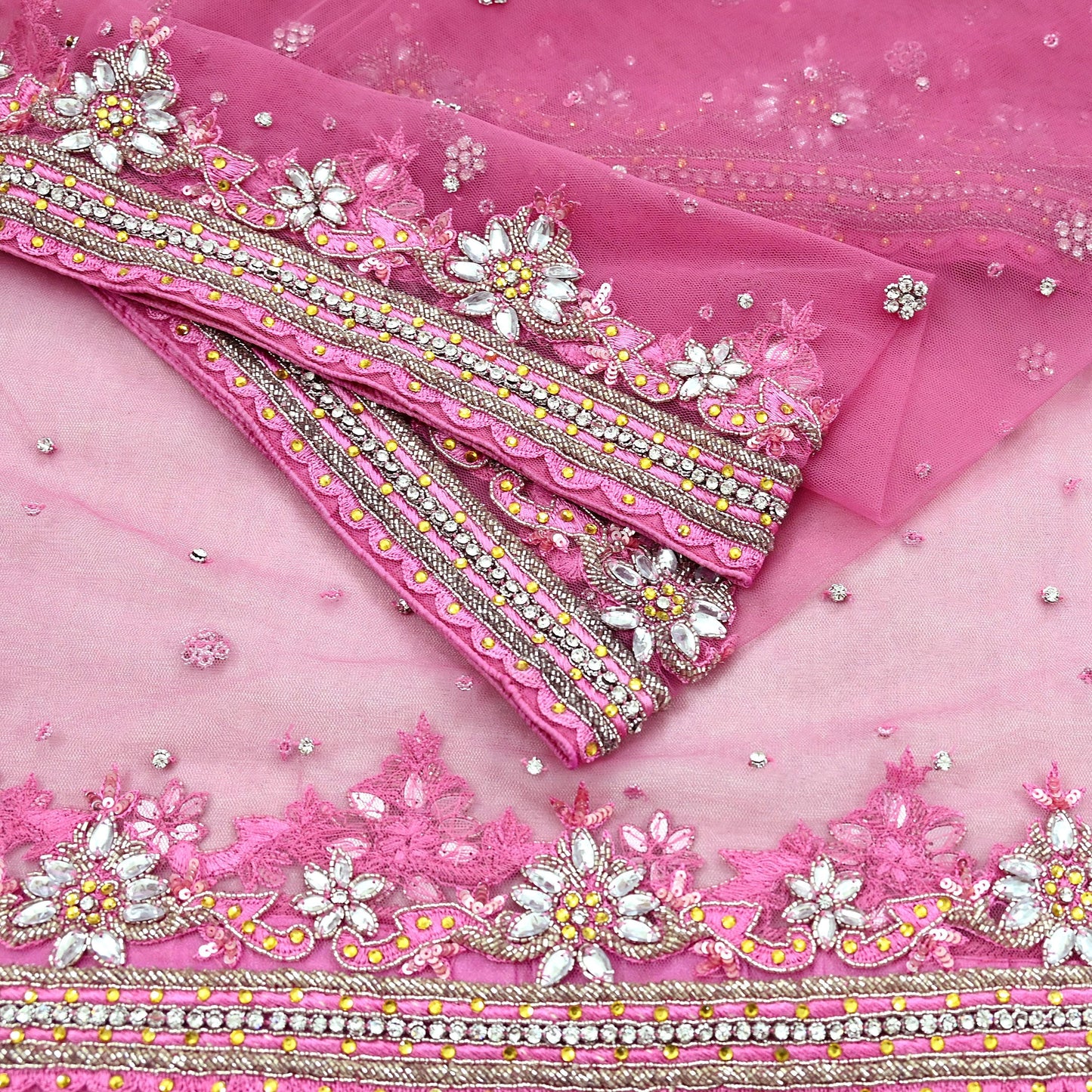 Indian Vintage Heavy Bridal Pink Dupatta Net Mesh Long Stole Hand Embroidered Scarves Golden Zardozi Dabka Zari Sequins Wedding Veil Hijab