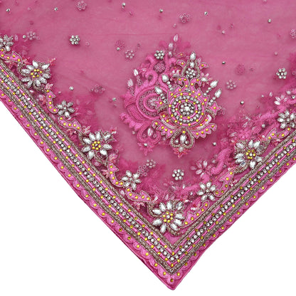 Indian Vintage Heavy Bridal Pink Dupatta Net Mesh Long Stole Hand Embroidered Scarves Golden Zardozi Dabka Zari Sequins Wedding Veil Hijab