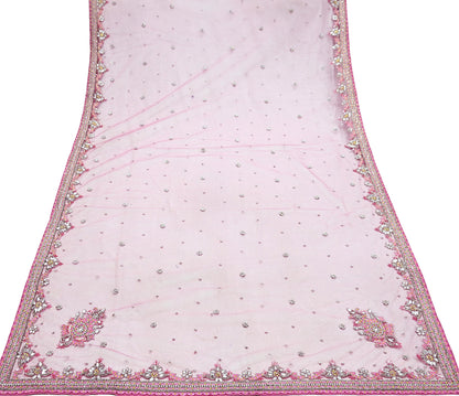 Indian Vintage Heavy Bridal Pink Dupatta Net Mesh Long Stole Hand Embroidered Scarves Golden Zardozi Dabka Zari Sequins Wedding Veil Hijab