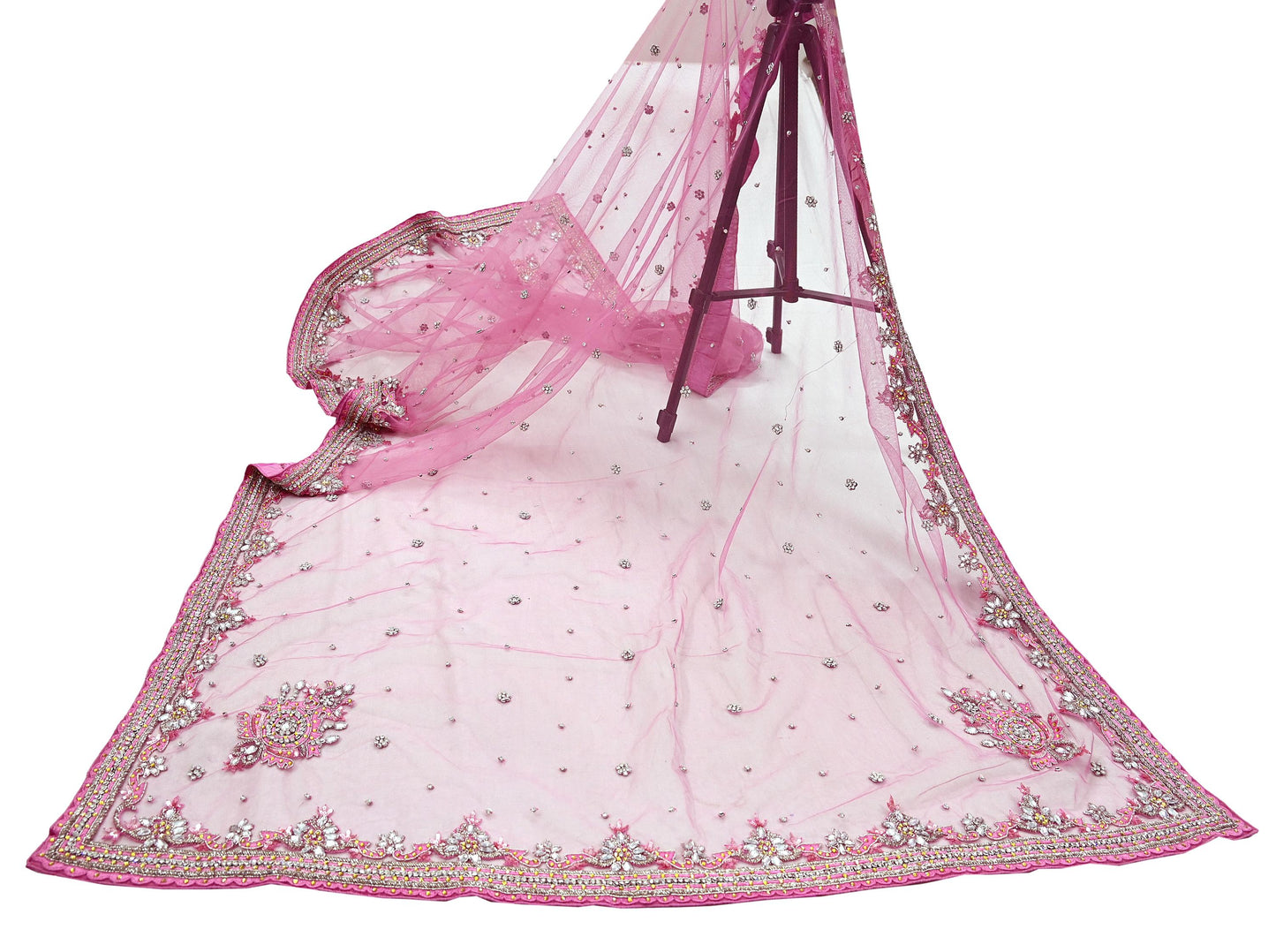 Indian Vintage Heavy Bridal Pink Dupatta Net Mesh Long Stole Hand Embroidered Scarves Golden Zardozi Dabka Zari Sequins Wedding Veil Hijab