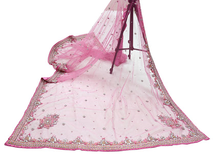 Indian Vintage Heavy Bridal Pink Dupatta Net Mesh Long Stole Hand Embroidered Scarves Golden Zardozi Dabka Zari Sequins Wedding Veil Hijab
