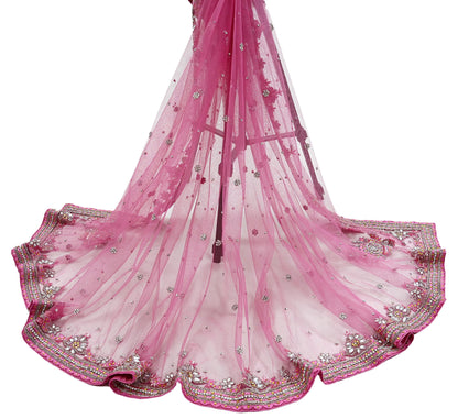 Indian Vintage Heavy Bridal Pink Dupatta Net Mesh Long Stole Hand Embroidered Scarves Golden Zardozi Dabka Zari Sequins Wedding Veil Hijab