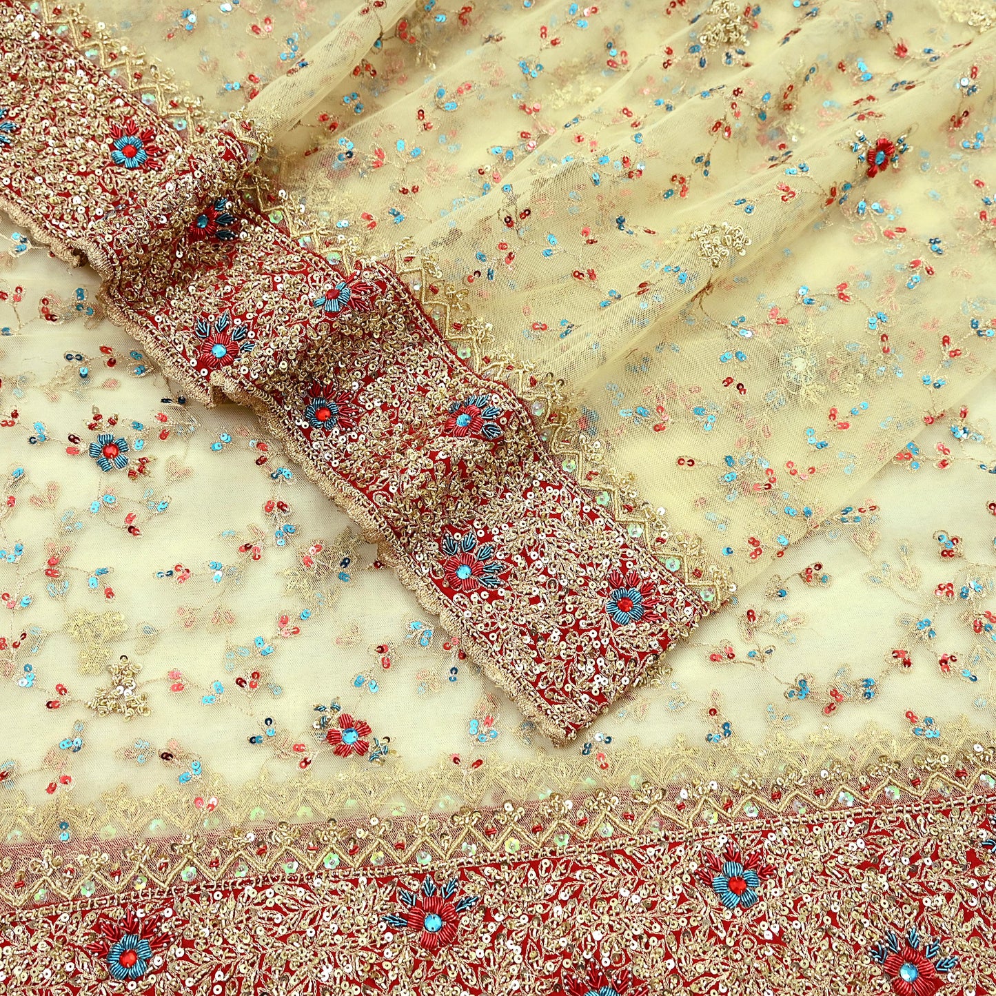 Indian Vintage Heavy Ivory Dupatta Net Mesh Long Stole Hand Embroidered Scarves Golden Zardozi Dabka Zari Wedding/Bridal Veil