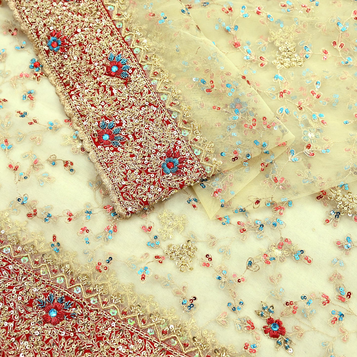 Indian Vintage Heavy Ivory Dupatta Net Mesh Long Stole Hand Embroidered Scarves Golden Zardozi Dabka Zari Wedding/Bridal Veil