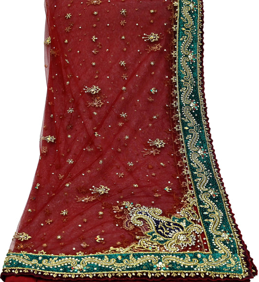 Indian Vintage Heavy Wedding Maroon Dupatta Net Mesh Long Stole Hand Embroidered Scarves Golden Zardozi Zari Sequins Dridal Veil Hijab