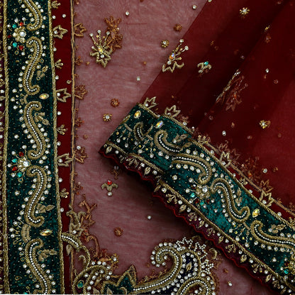 Indian Vintage Heavy Wedding Maroon Dupatta Net Mesh Long Stole Hand Embroidered Scarves Golden Zardozi Zari Sequins Dridal Veil Hijab