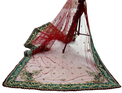 Indian Vintage Heavy Wedding Maroon Dupatta Net Mesh Long Stole Hand Embroidered Scarves Golden Zardozi Zari Sequins Dridal Veil Hijab