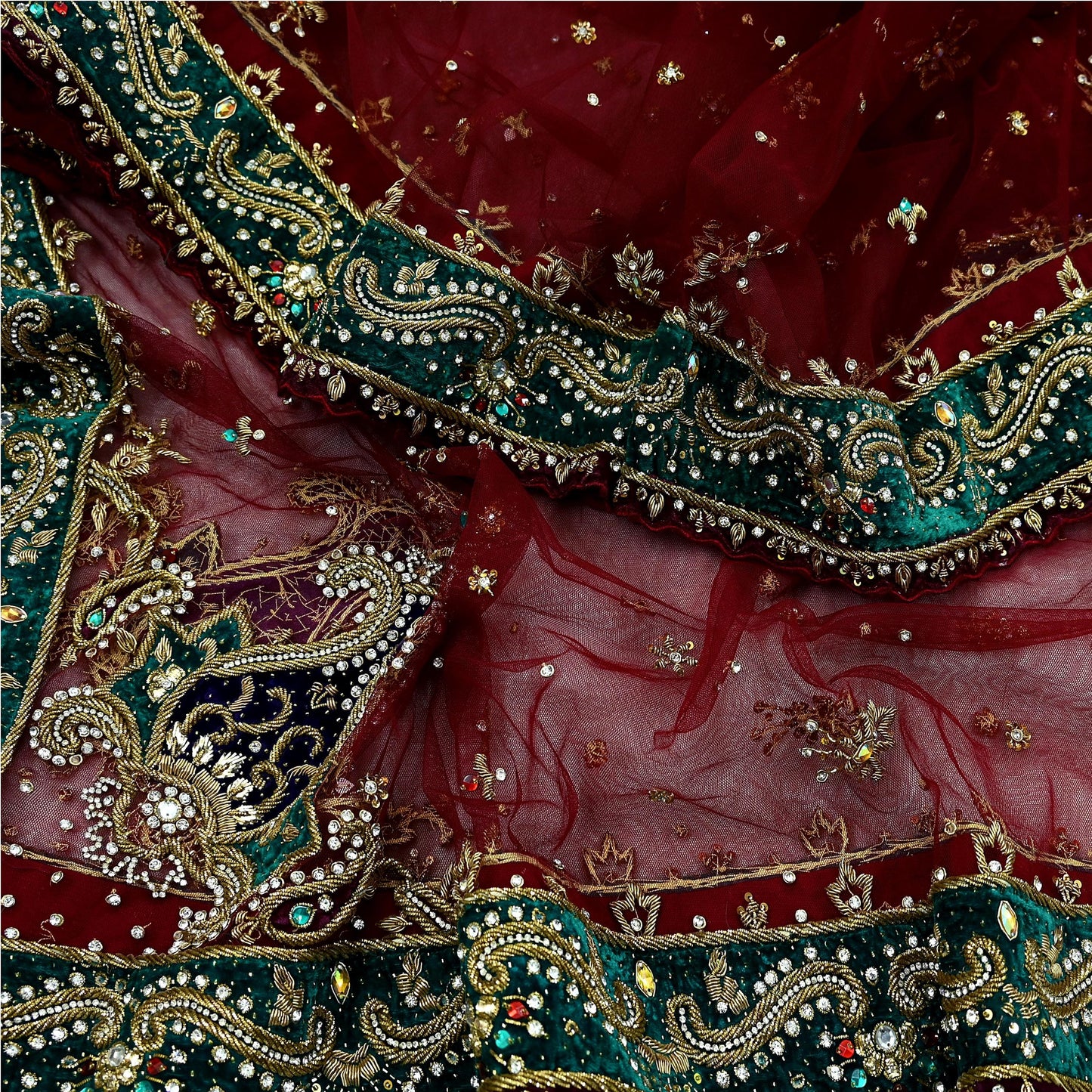 Indian Vintage Heavy Wedding Maroon Dupatta Net Mesh Long Stole Hand Embroidered Scarves Golden Zardozi Zari Sequins Dridal Veil Hijab