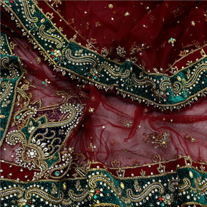 Indian Vintage Heavy Wedding Maroon Dupatta Net Mesh Long Stole Hand Embroidered Scarves Golden Zardozi Zari Sequins Dridal Veil Hijab