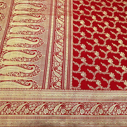 Indian Vintage Sari Red Heavy Wedding Pure Satin Silk Woven Banarasi Brocade Saree Zari 5Yd Craft Fabric Ethnic Dress making Crafting
